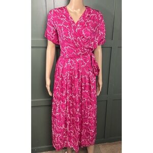 Argenti VTG 80s 100% Pure Silk Wrap Midi Dress Magenta Floral Size 14 Romantic